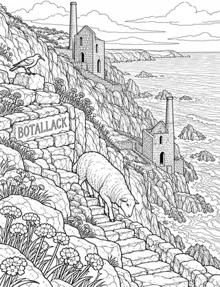 Detailed colouring page of Botallack Crowns Tin Coast featuring Botallack sign