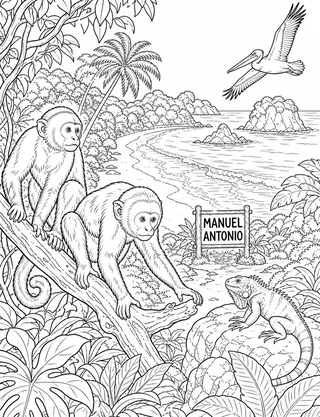 Detailed coloring page of Manuel Antonio rainforest beach with monkeys featuring Manuel Antonio sign