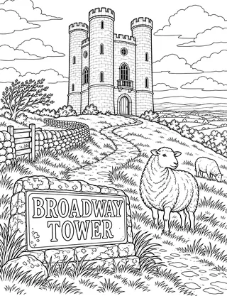 Detailed colouring page of Broadway Tower hilltop