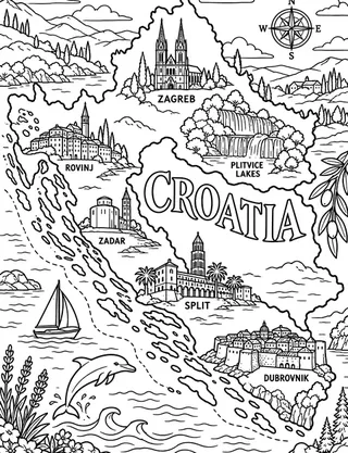 Illustrated travel map of Croatia landmarks and attractions