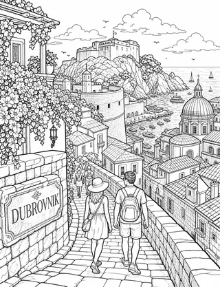 Detailed coloring page of Split and Diocletian’s Palace featuring Peristil sign