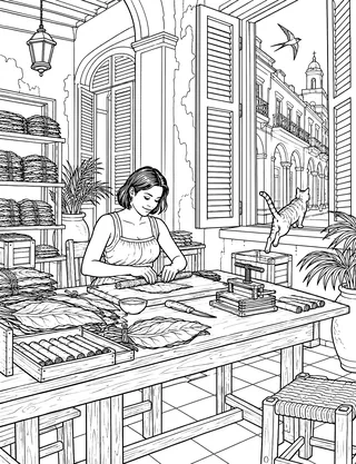 Detailed coloring page of Havana Cigar Rolling Workshop