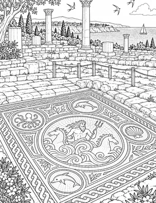 Detailed coloring page of Kourion ruins and sea mosaic