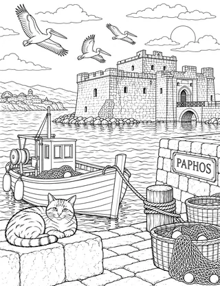 Detailed coloring page of Paphos Castle harbor featuring Paphos sign