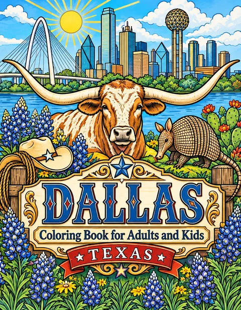 Dallas Coloring Book for Adults cover illustration by Louisa May Carson