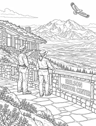 Detailed coloring page of Eielson Visitor Center overlook featuring Eielson Visitor Center sign