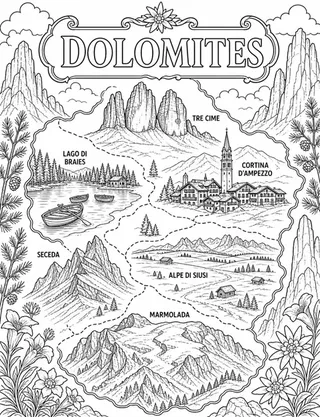 Illustrated travel map of Dolomites landmarks and attractions