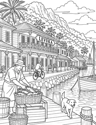 Detailed coloring page of Levuka heritage waterfront featuring Levuka sign