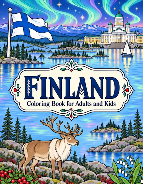 Finland Coloring Book for Adults cover illustration by Louisa May Carson