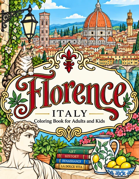 Florence Coloring Book for Adults cover illustration by Louisa May Carson