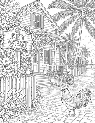 Detailed coloring page of Key West conch house featuring Key West sign
