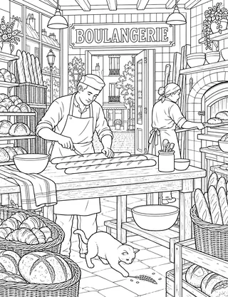 Detailed coloring page of Paris Boulangerie Morning