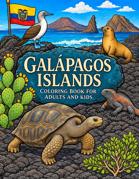 Galapagos Islands Coloring Book for Adults cover illustration by Louisa May Carson