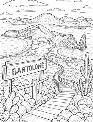 Detailed coloring page of Bartolomé Island panorama and Pinnacle Rock featuring Bartolomé sign