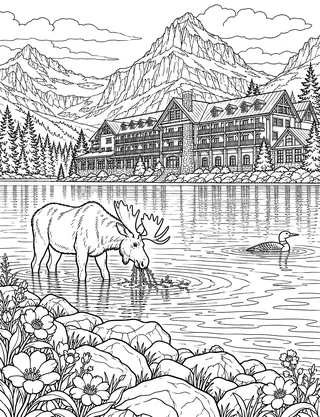 Detailed coloring page of Many Glacier Hotel and Swiftcurrent Lake