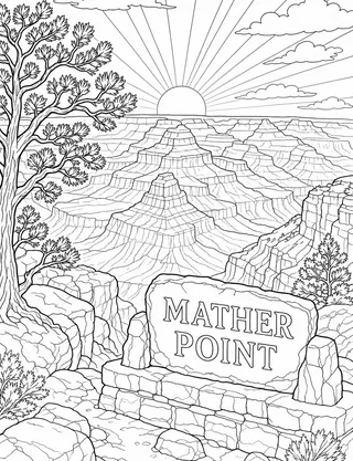 Detailed coloring page of Sunrise at Mather Point featuring Mather Point sign