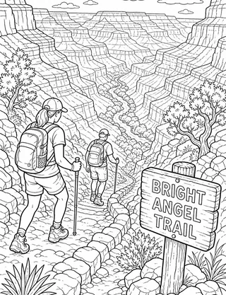 Detailed coloring page of Bright Angel Trail hikers featuring Bright Angel Trail sign