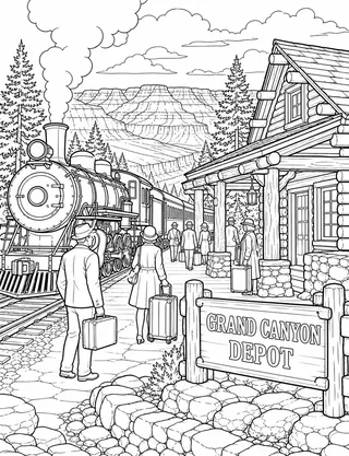 Detailed coloring page of Grand Canyon Railway arrival featuring Grand Canyon Depot sign