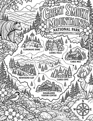 Illustrated travel map of Great Smoky Mountains landmarks and attractions