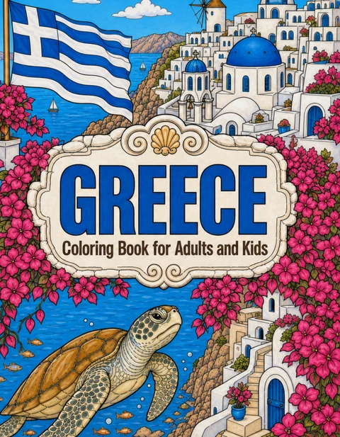 Greece Coloring Book for Adults cover illustration by Louisa May Carson