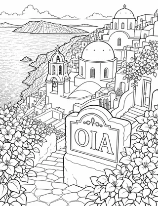 Detailed coloring page of Oia sunset-caldera featuring Oia sign