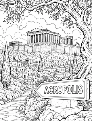 Detailed coloring page of Athens Acropolis viewed through an olive grove featuring Acropolis sign