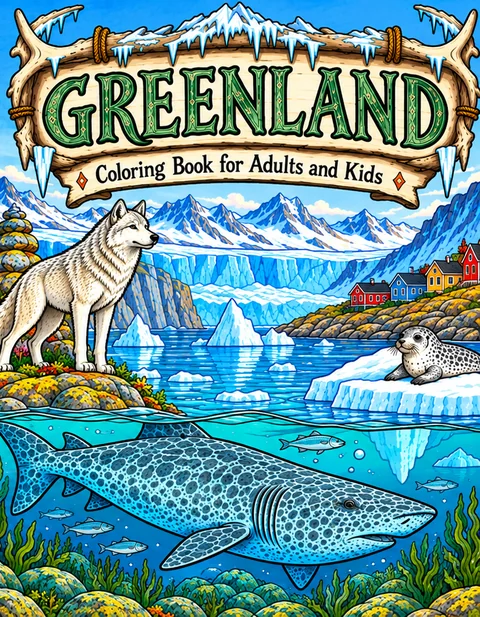 Greenland Coloring Book for Adults cover illustration by Louisa May Carson