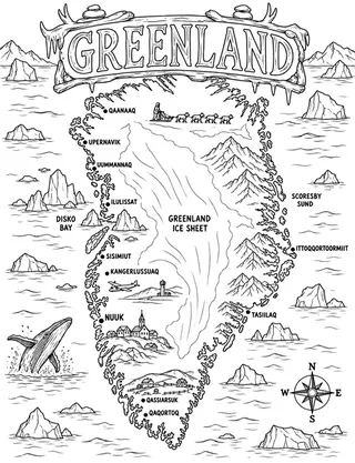 Illustrated travel map of Greenland landmarks and attractions