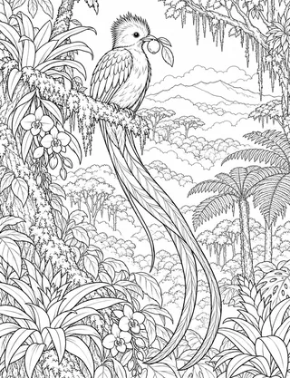 Detailed coloring page of Resplendent Quetzal in Sierra de las Minas Cloud Forest