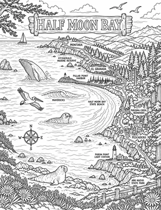 Illustrated travel map of Half Moon Bay landmarks and attractions