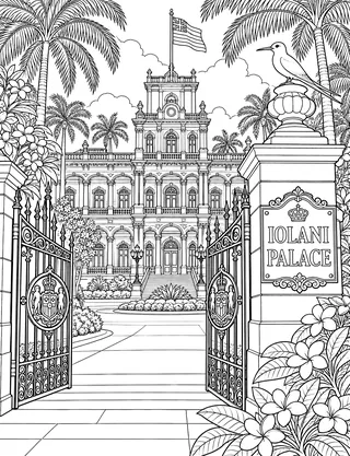 Detailed coloring page of Iolani Palace historic facade and royal gates