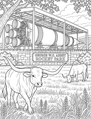 Detailed coloring page of Saturn V and longhorns at Rocket Park