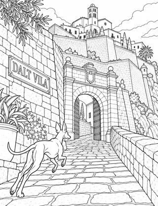 Detailed coloring page of Dalt Vila Gate and Ramparts