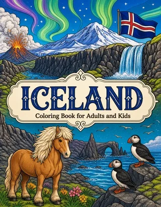 Iceland Coloring Book for Adults cover illustration by Louisa May Carson