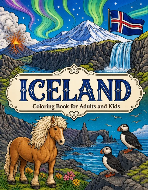 Iceland Coloring Book for Adults cover illustration by Louisa May Carson