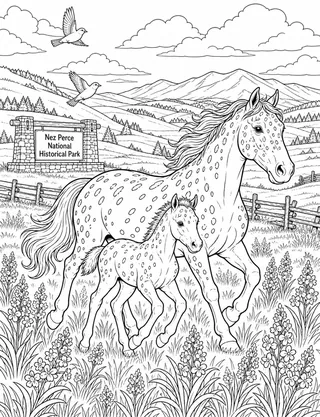 Detailed coloring page of Appaloosa mare and foal on Camas Prairie featuring Nez Perce National Historical Park sign