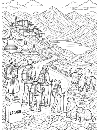 Detailed coloring page of Ladakh Mountain Journey featuring Ladakh sign
