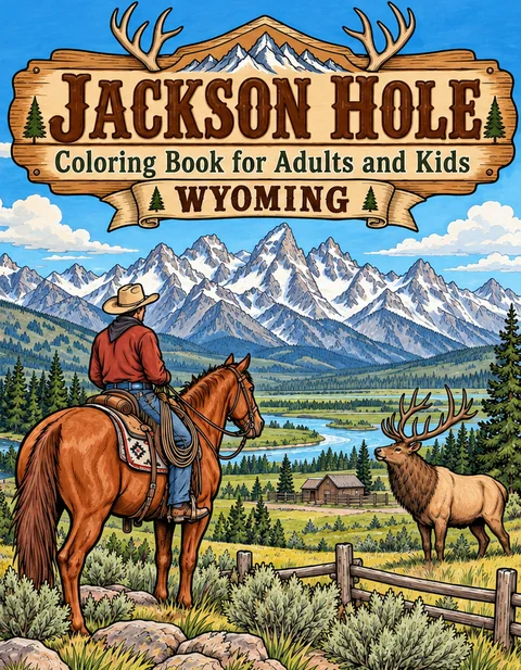 Jackson Hole Coloring Book for Adults cover illustration by Louisa May Carson