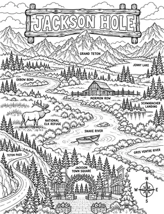 Illustrated travel map of Jackson Hole landmarks and attractions