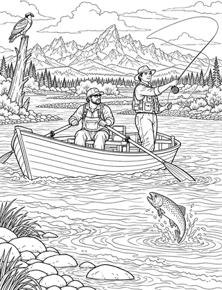 Detailed coloring page of Snake River drift boat fly fishing