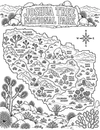 Illustrated travel map of Joshua Tree landmarks and attractions