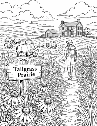 Detailed coloring page of Flint Hills Tallgrass Prairie Preserve