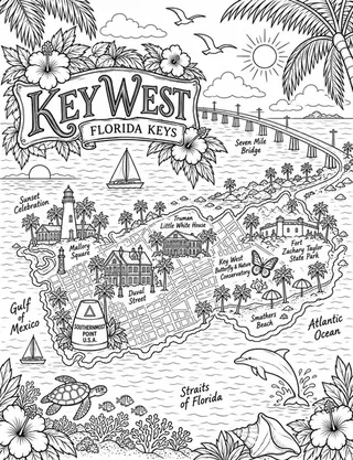 Illustrated travel map of Key West landmarks and attractions