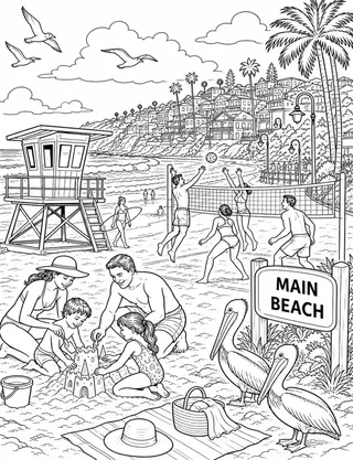 Detailed coloring page of Main Beach lifeguard tower featuring Main Beach sign