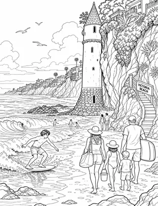 Detailed coloring page of Victoria Beach seaside tower featuring Victoria Beach sign