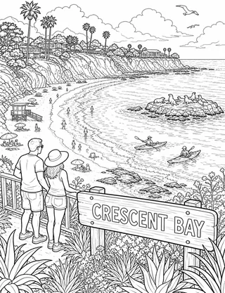Detailed coloring page of Crescent Bay sea lions resting offshore featuring Crescent Bay sign