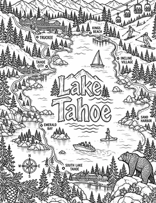 Illustrated travel map of Lake Tahoe landmarks and attractions