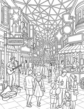 Detailed coloring page of Downtown Neon Stroll featuring Downtown sign