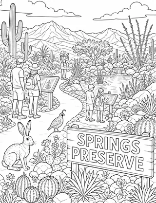 Detailed coloring page of Springs Desert Garden featuring Springs Preserve sign