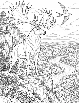 Detailed coloring page of Megaloceros Giant Deer & Cave Swallow